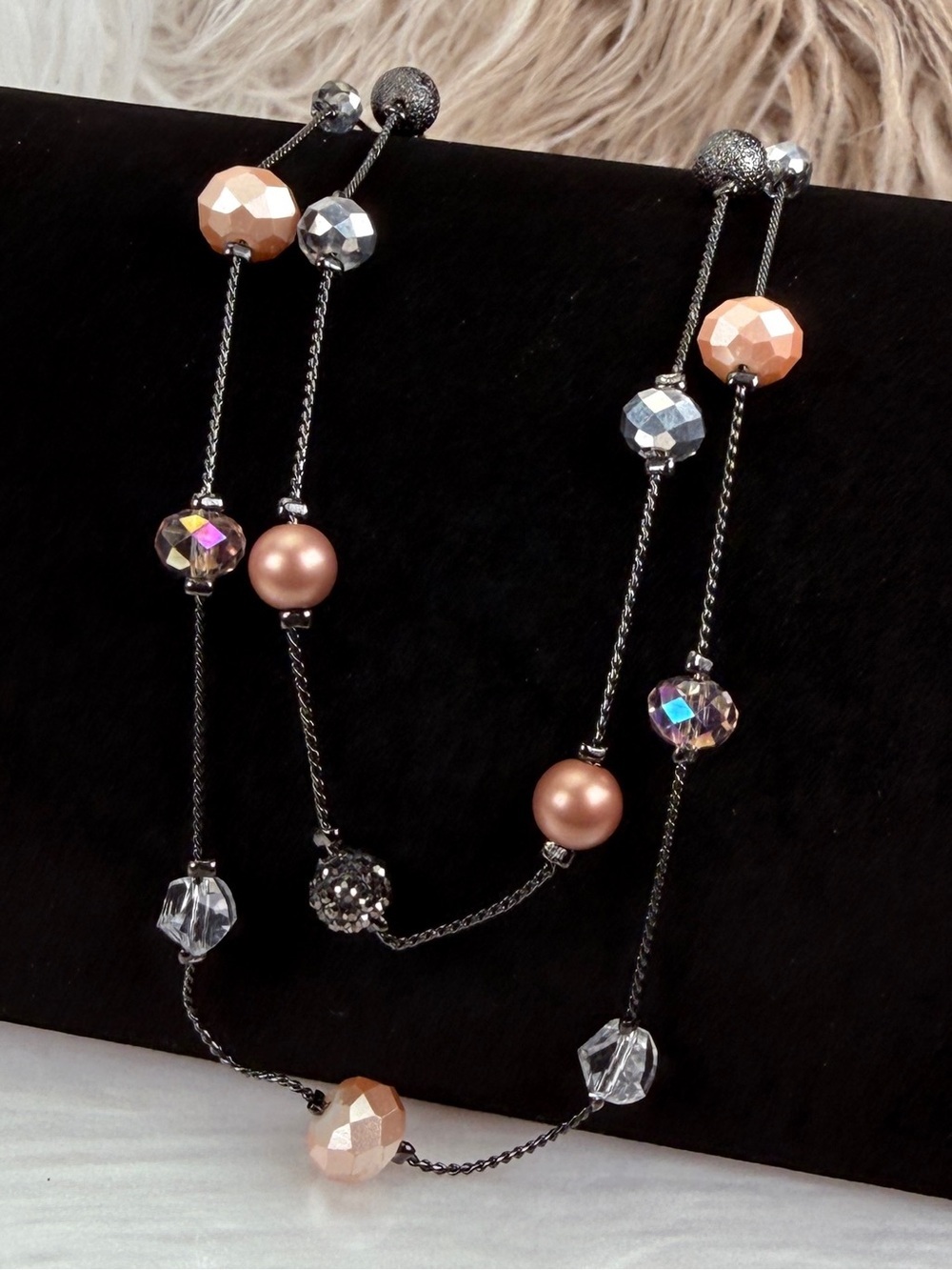 Double Strand Gunmetal Tone Beaded Station Necklace
